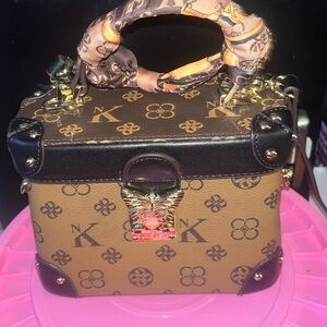 Chic Brown Monogram Box Satchel w/ Butterfly Clasp & Twilly Handle Wrap